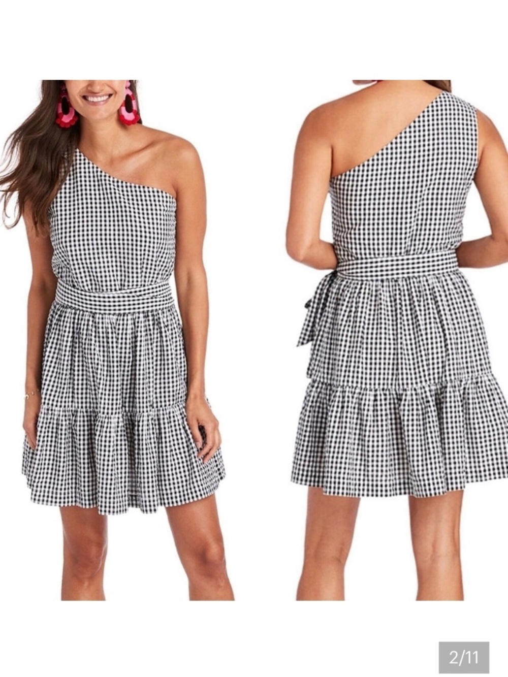 Vineyard Vines Gingham One Shoulder Tiered Ruffle Dress
